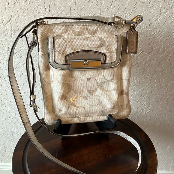 Coach:Cream/Beige/Gray Swing Crossbody Bag-Adjustable Strap-wet look-Silver tone - Picture 1 of 16